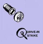 Diagram showing a nylon-housed cylinder magnet with screw-on drive-in strike for home improvement tools in hardware collections