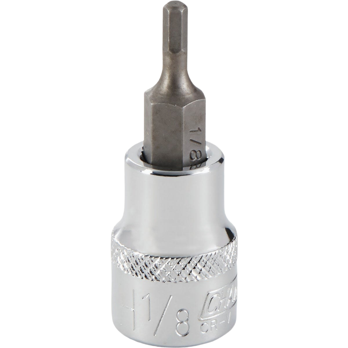 Chrome-plated hex bit socket with 3/8 inch drive and 1/8 inch 6-point bit for home improvement tool use