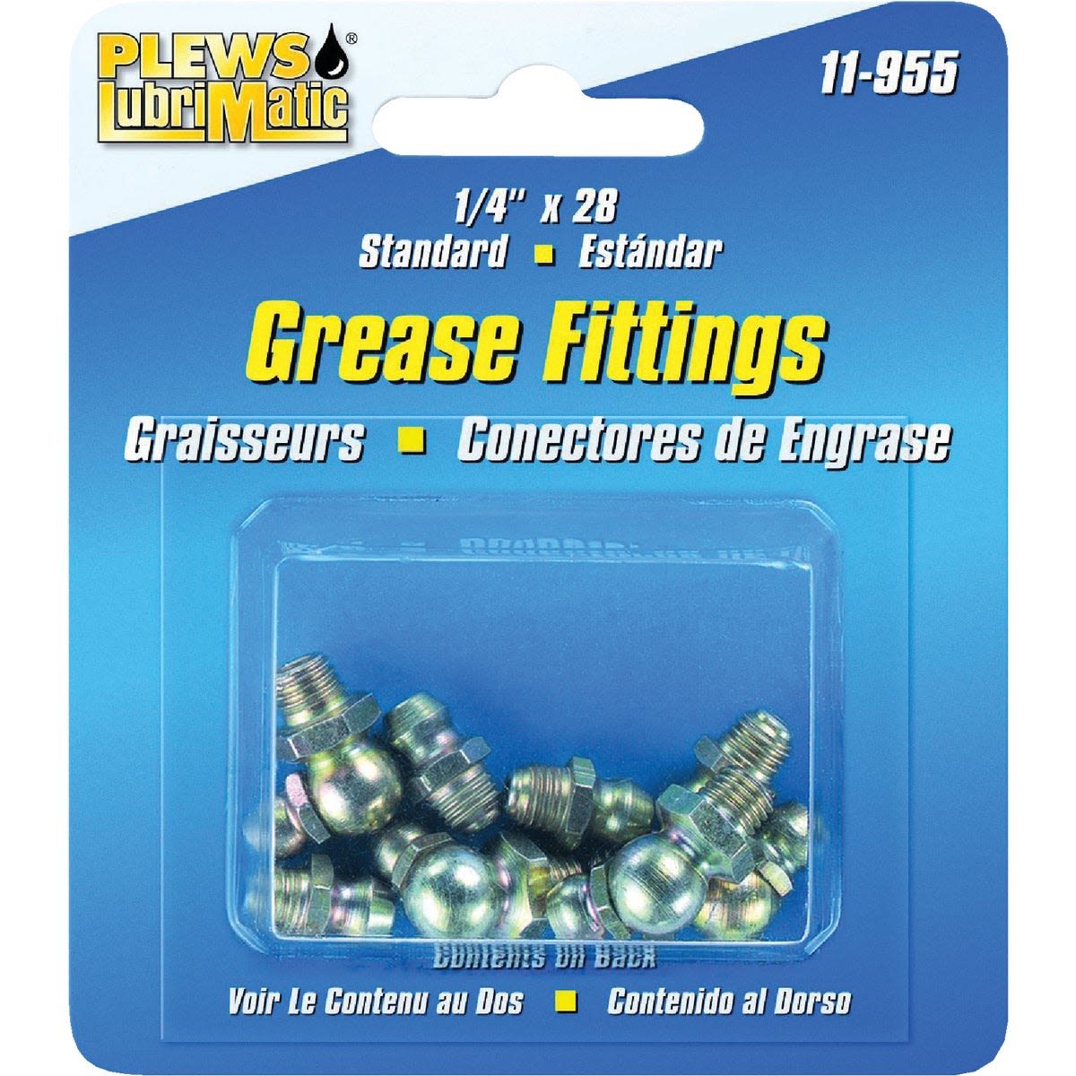 Set of small metal 1/4 inch threaded grease fittings in blue blister pack for tools and home improvement projects