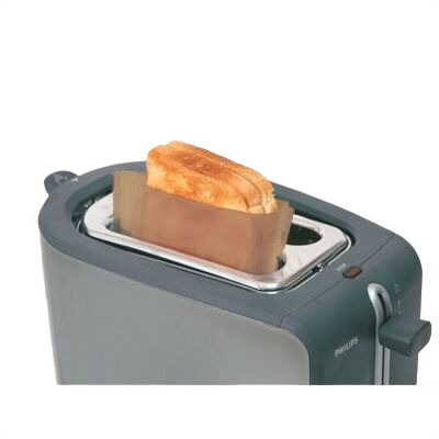 Reusable heat-resistant toast bag holding bread slice inside a black two-slot toaster in kitchenware collection