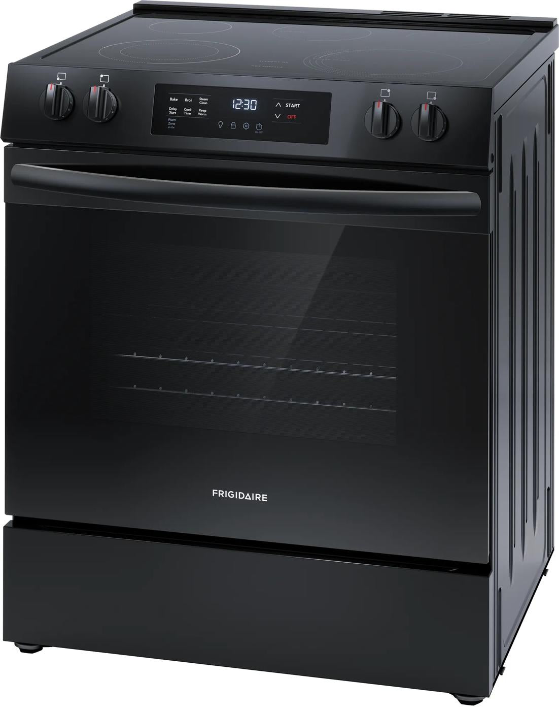 Black front control electric range with EvenTemp cooktop and digital display in kitchen appliance setting