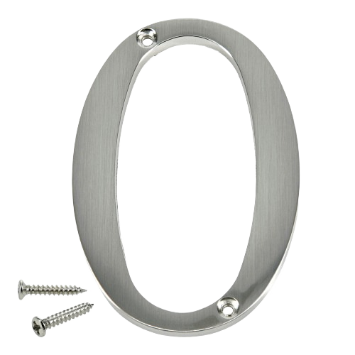 Flush mount nickel house number 0 with two screws included for easy installation in home improvement projects