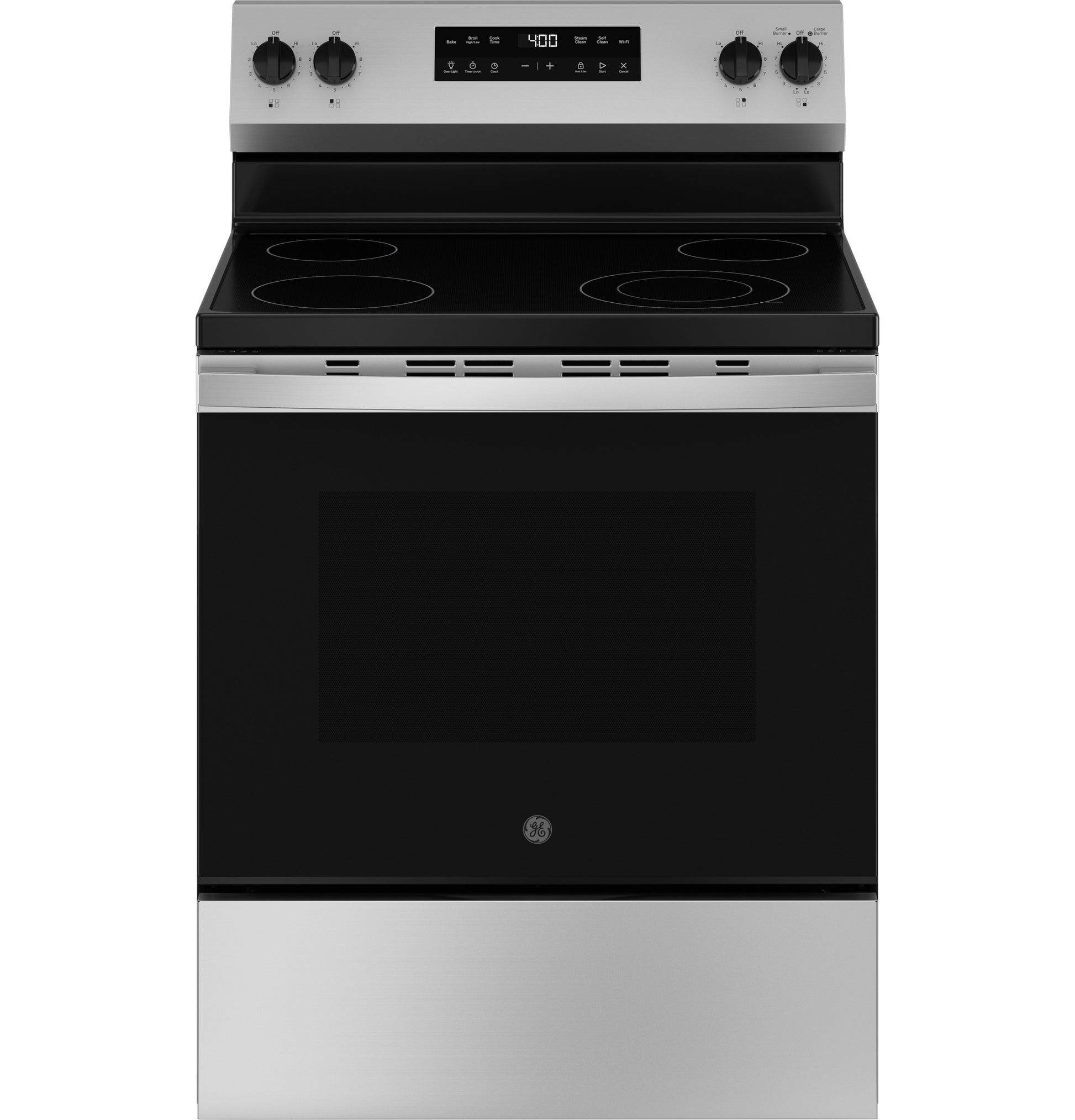 Stainless steel free-standing electric range with smooth cooktop and digital control panel in kitchen appliances collections