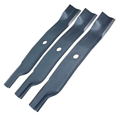 Set of three high lift mower blades in black steel designed for lawn care and replacement tools tasks