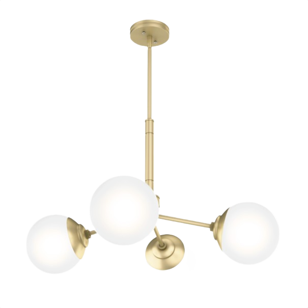 Modern brass chandelier with four frosted glass globes for bathroom and ceiling light fixtures collections