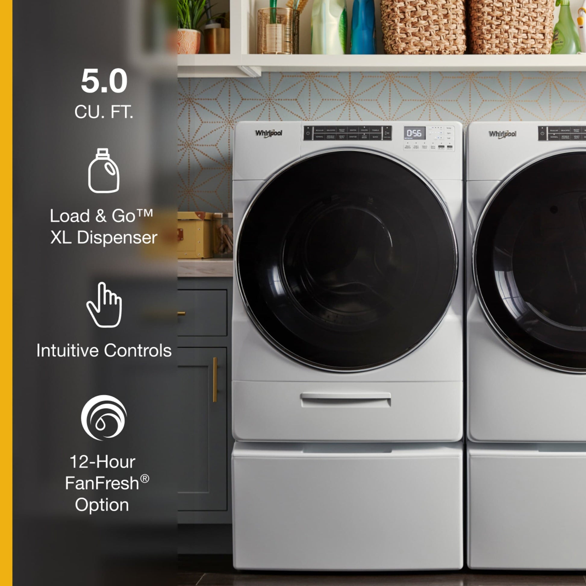 White front load washer and dryer set with digital display and laundry room shelving in background