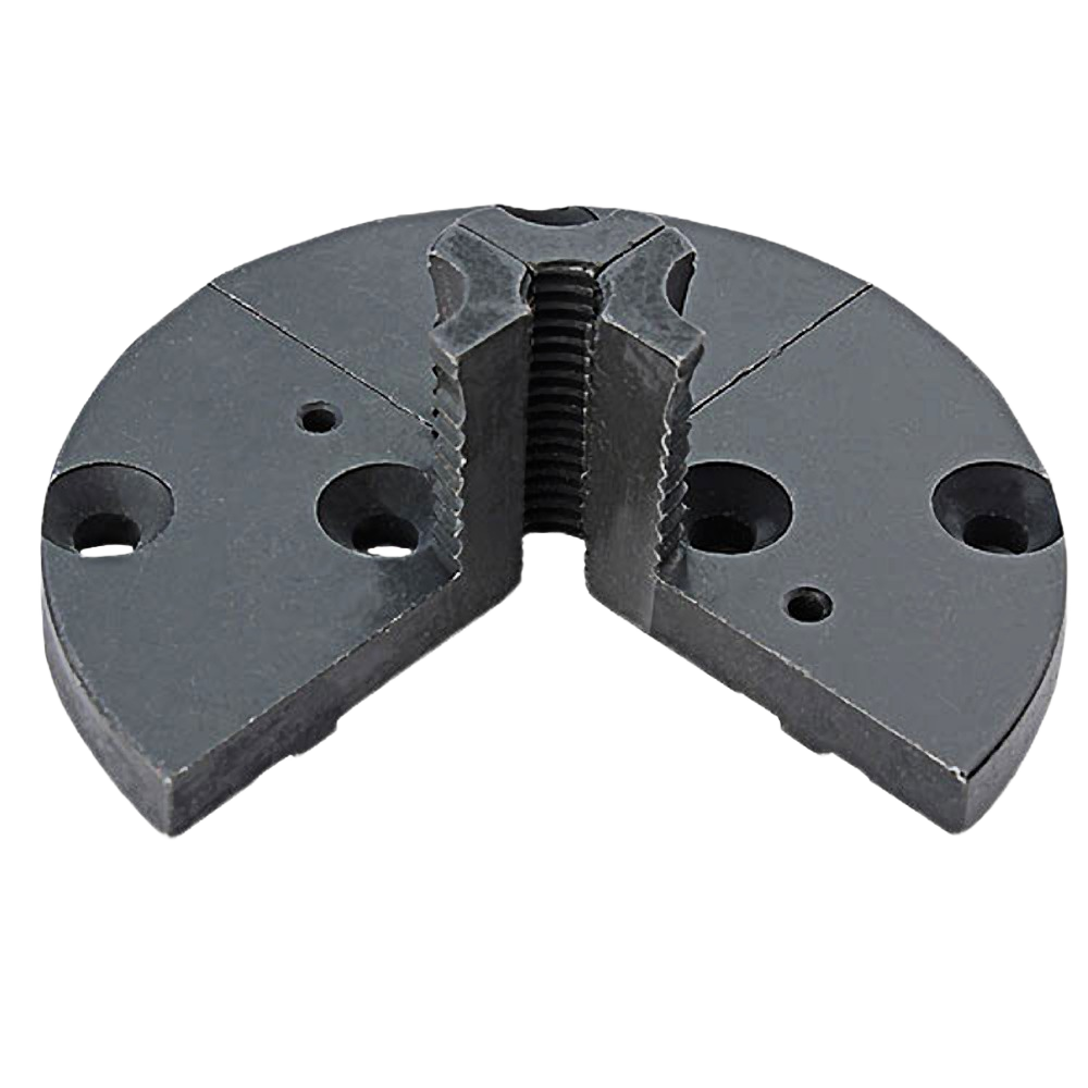 Profiled steel spigot jaws with threaded center and mounting holes for use in woodworking tools and home improvement tasks