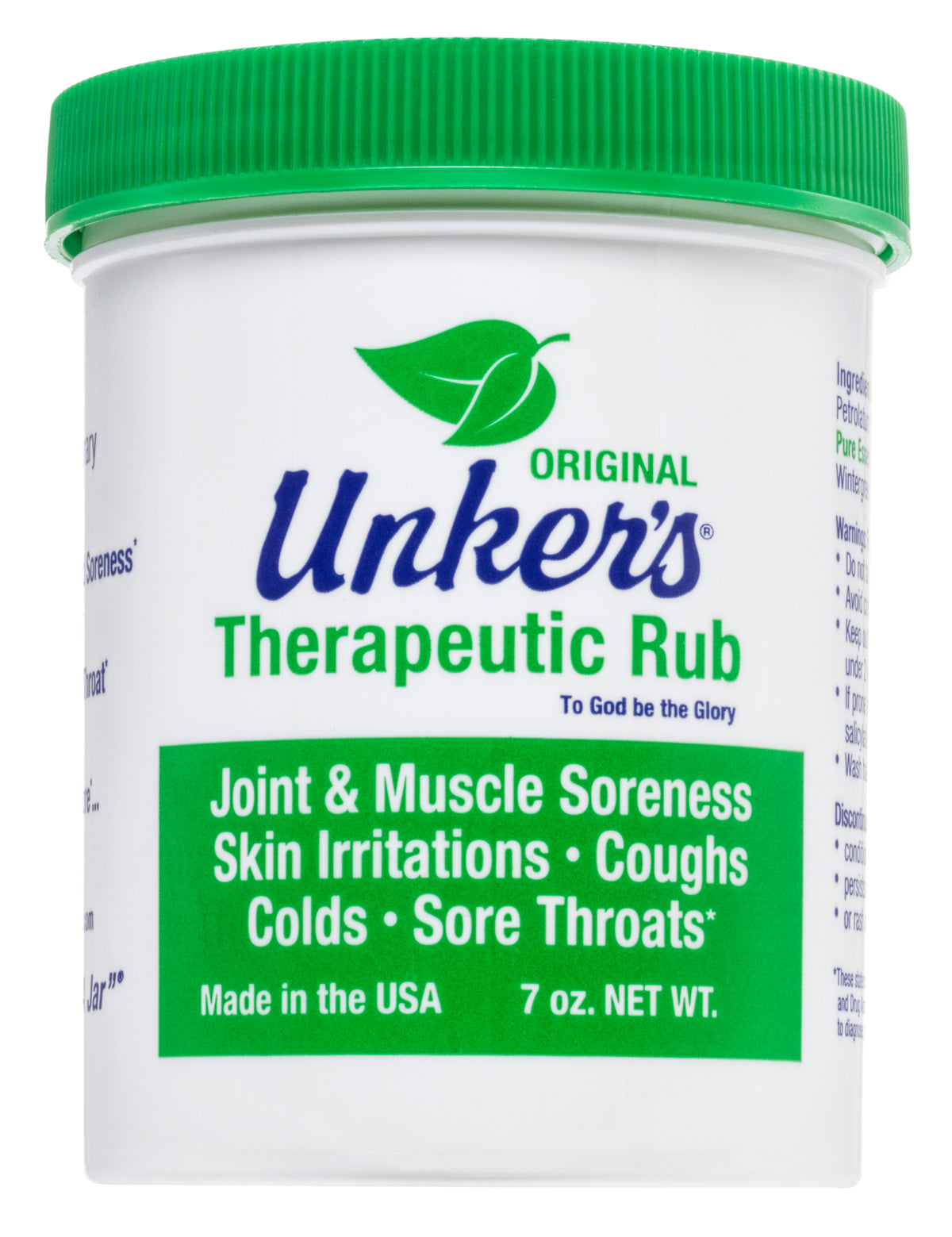 Container of Unker’s therapeutic rub with green lid labeled for soothing muscle soreness in Health & Beauty collection