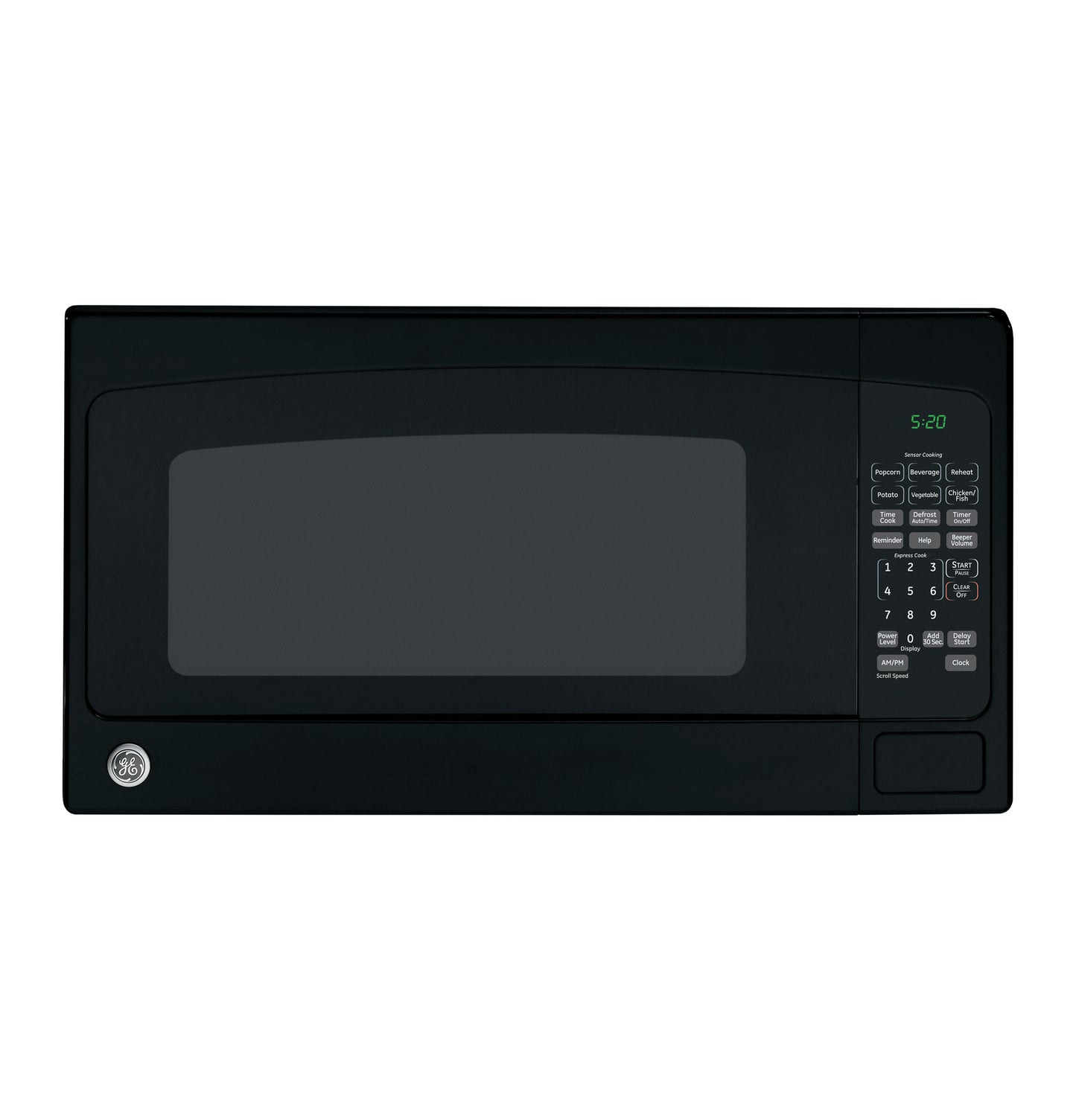 Black GE® countertop microwave oven with digital control panel and green LED display from kitchen appliances collection