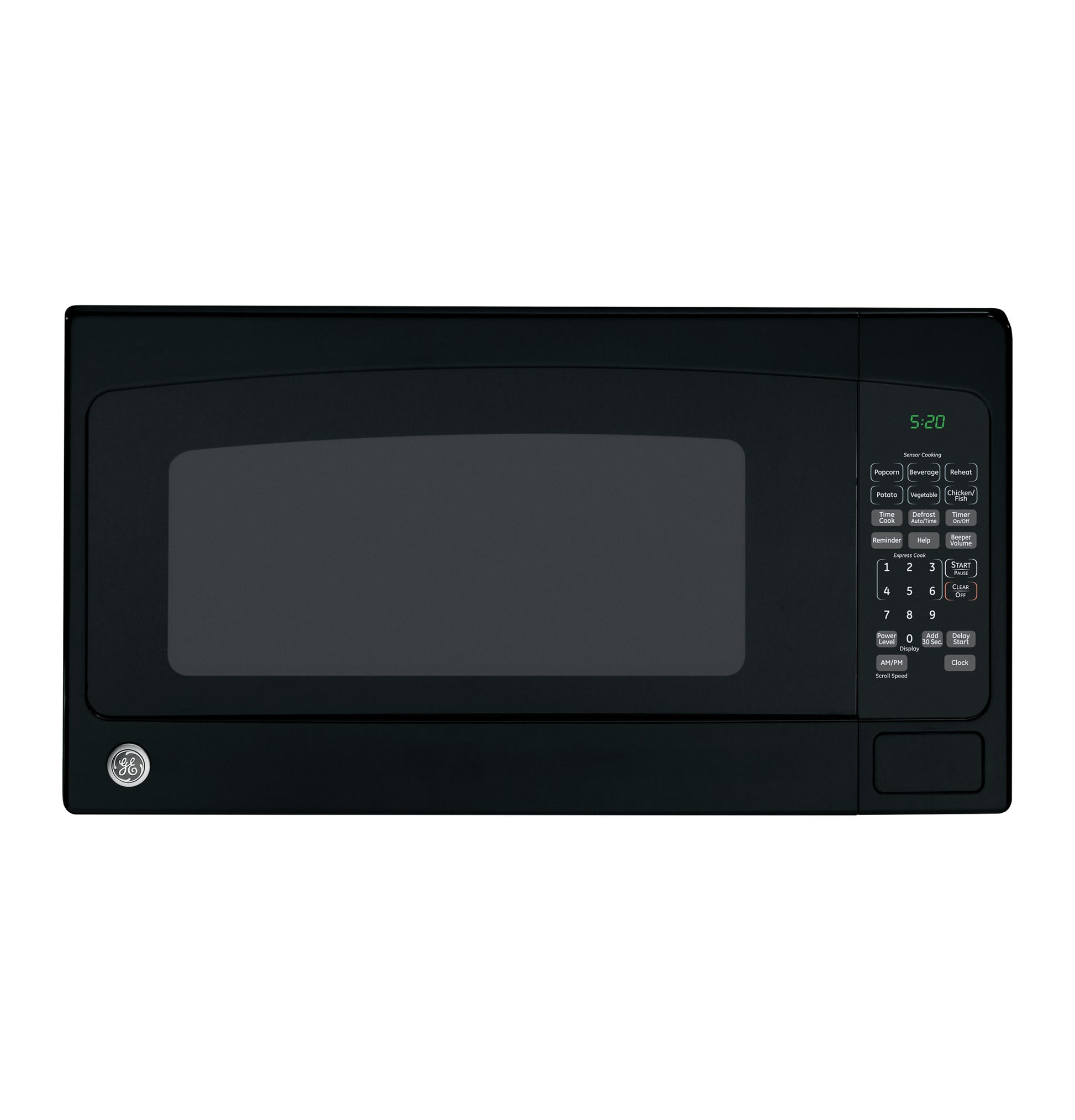 Black GE® countertop microwave oven with digital control panel and green LED display from kitchen appliances collection