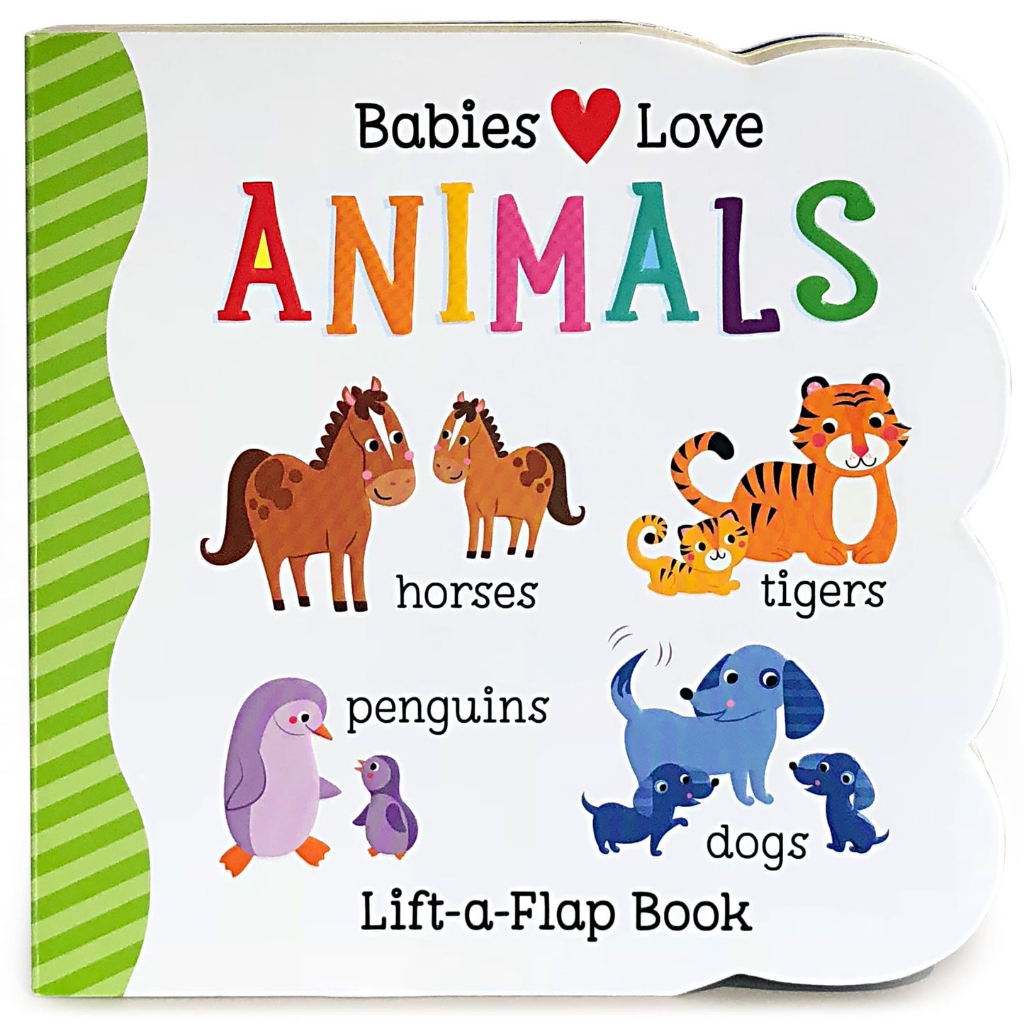 Colorful babies lift-a-flap book featuring illustrated animals like horses, tigers, penguins, and dogs for early learning