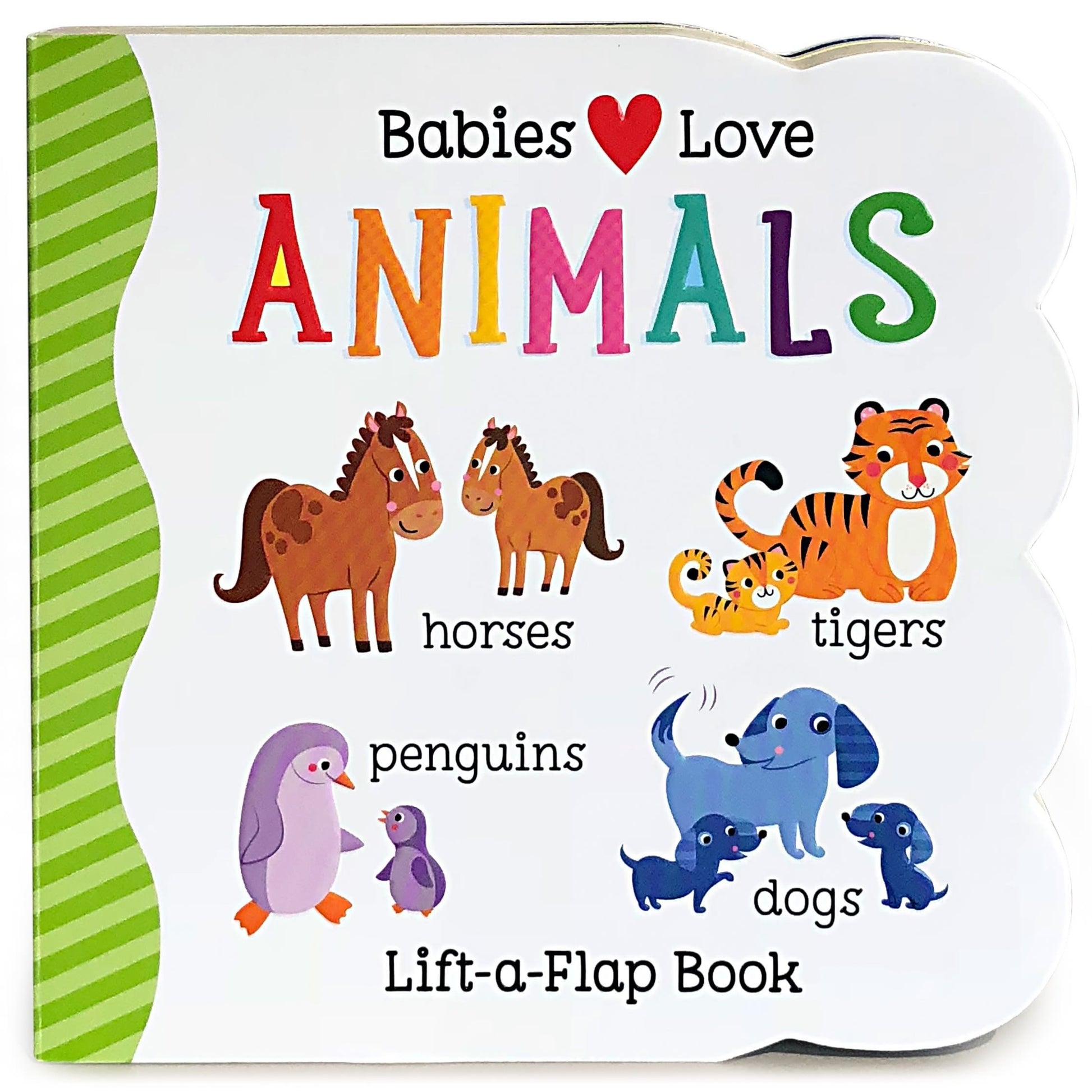 Colorful babies lift-a-flap book featuring illustrated animals like horses, tigers, penguins, and dogs for early learning