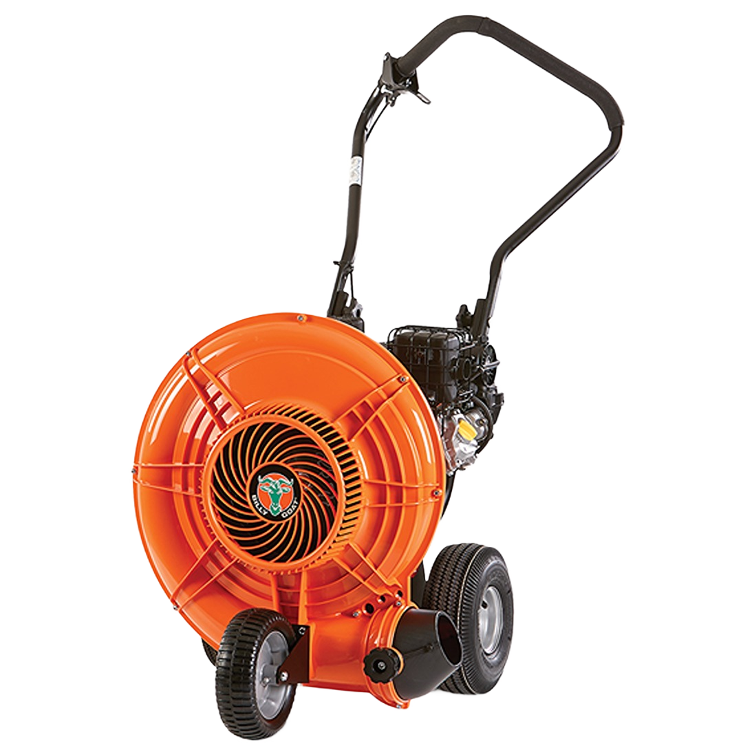 Orange wheeled blower with black handle and engine, designed for outdoor home improvement and landscaping tools.