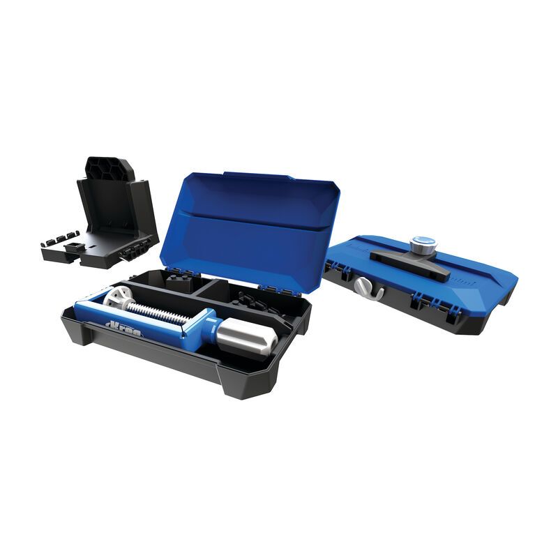 Blue and black benchtop woodworking tool stand with adjustable components for home improvement projects under $100 collection