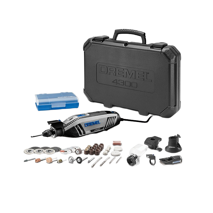 Variable speed rotary tool with attachments and black carrying case for tools and home improvement tasks