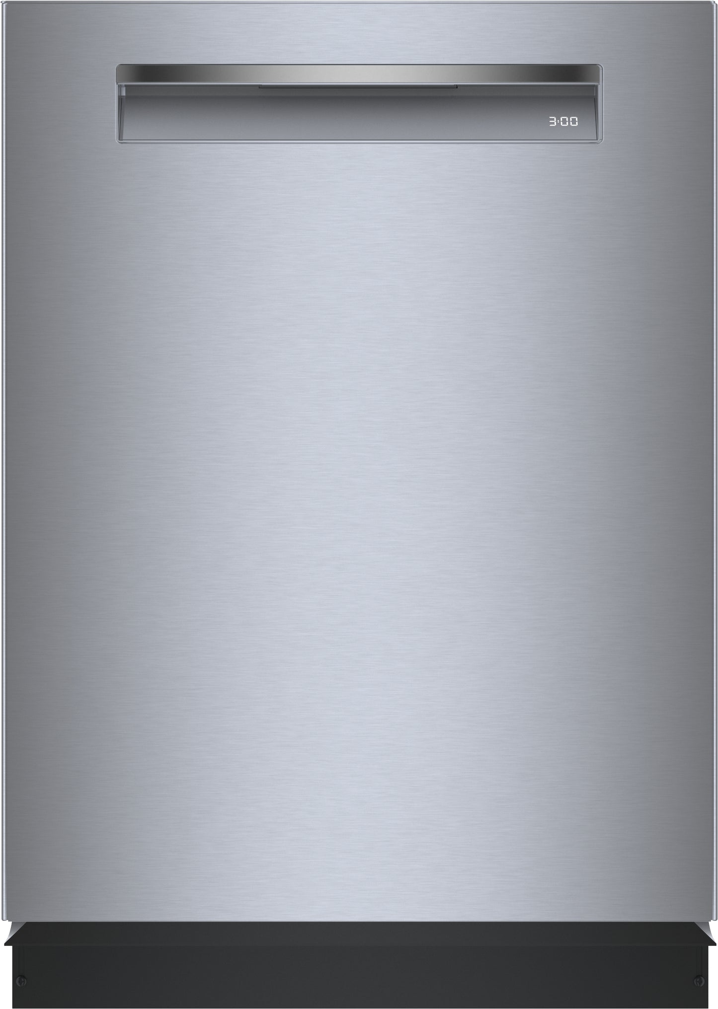 Front view of a 24-inch stainless steel dishwasher with subtle digital display and anti-fingerprint finish from Bosch Appliances collection
