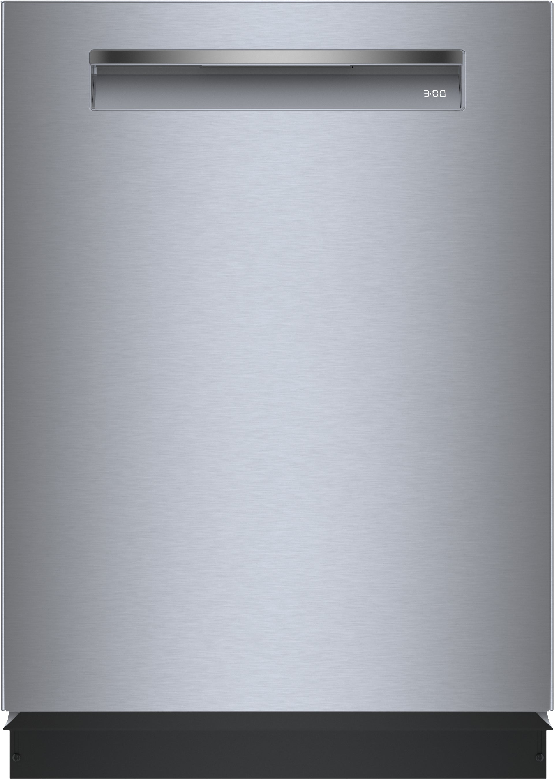 Front view of a 24-inch stainless steel dishwasher with subtle digital display and anti-fingerprint finish from Bosch Appliances collection