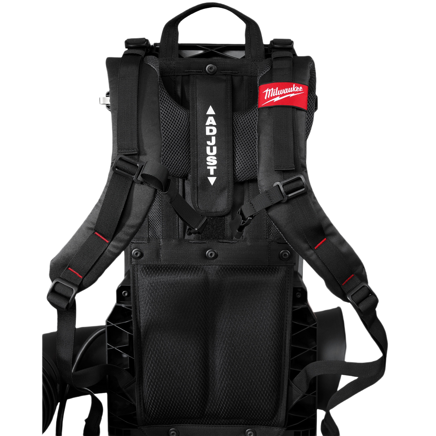 Black adjustable harness and padded backpack straps with red Milwaukee logo for cordless blower tool support