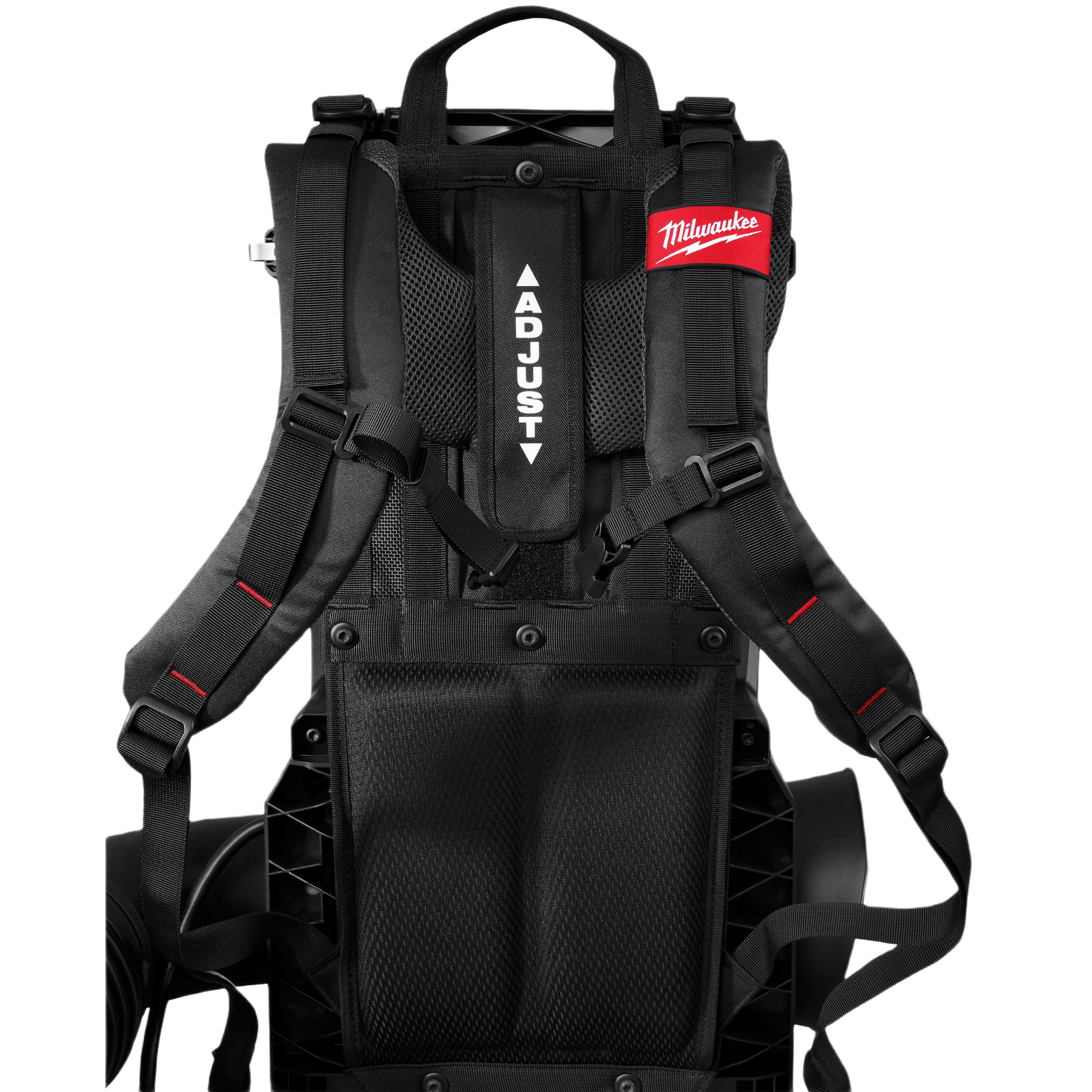 Black adjustable harness and padded backpack straps with red Milwaukee logo for cordless blower tool support