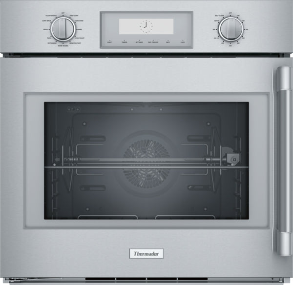 Stainless steel single wall oven with left side door opening and control knobs, part of Thermador kitchen appliances collection