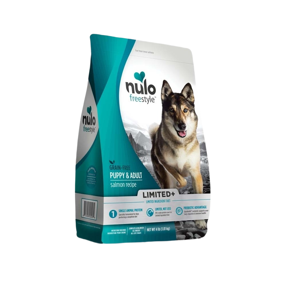 Bag of Nulo Freestyle grain-free salmon dry dog food for puppies and adults in pet food collection under $100