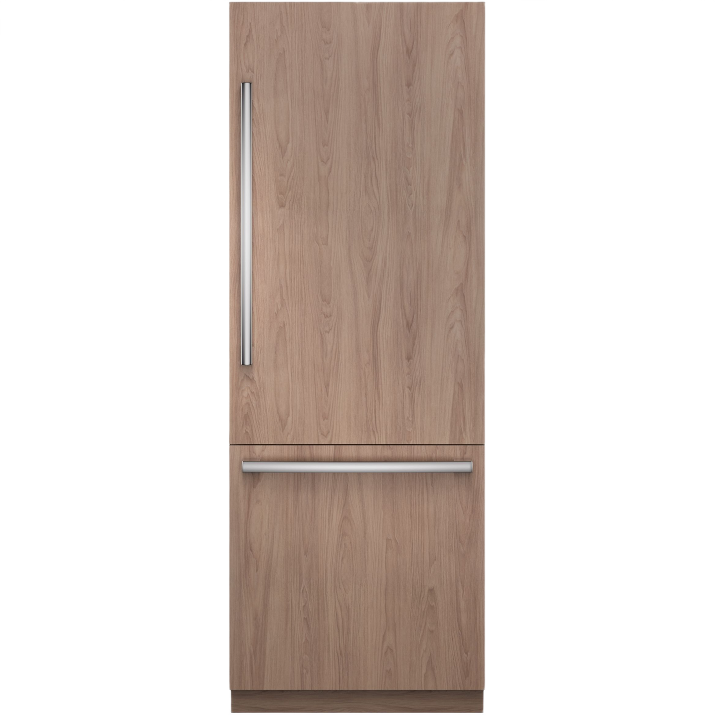 Built-in bottom freezer refrigerator with wood finish and stainless steel handles in Bosch appliances collection