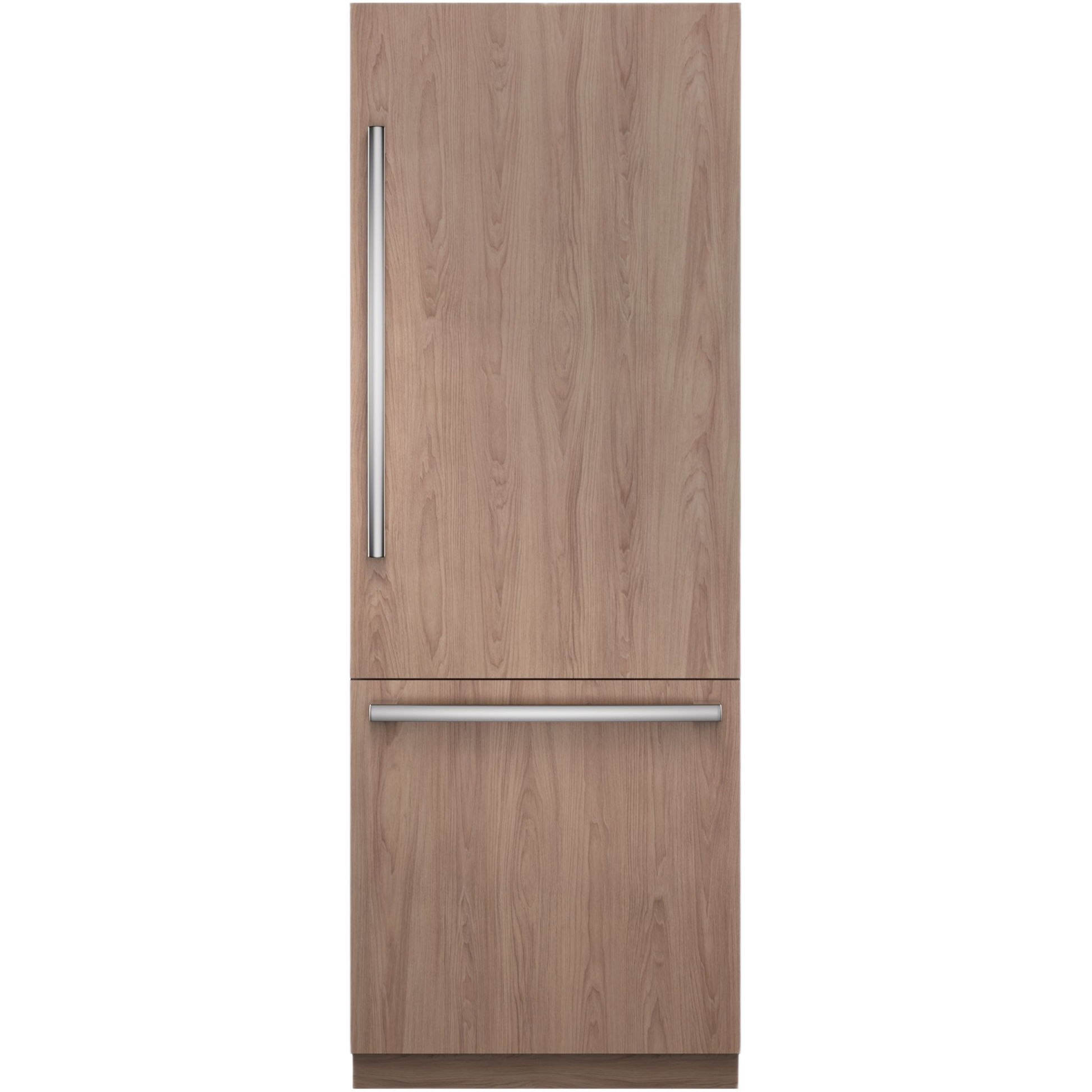 Built-in bottom freezer refrigerator with wood finish and stainless steel handles in Bosch appliances collection