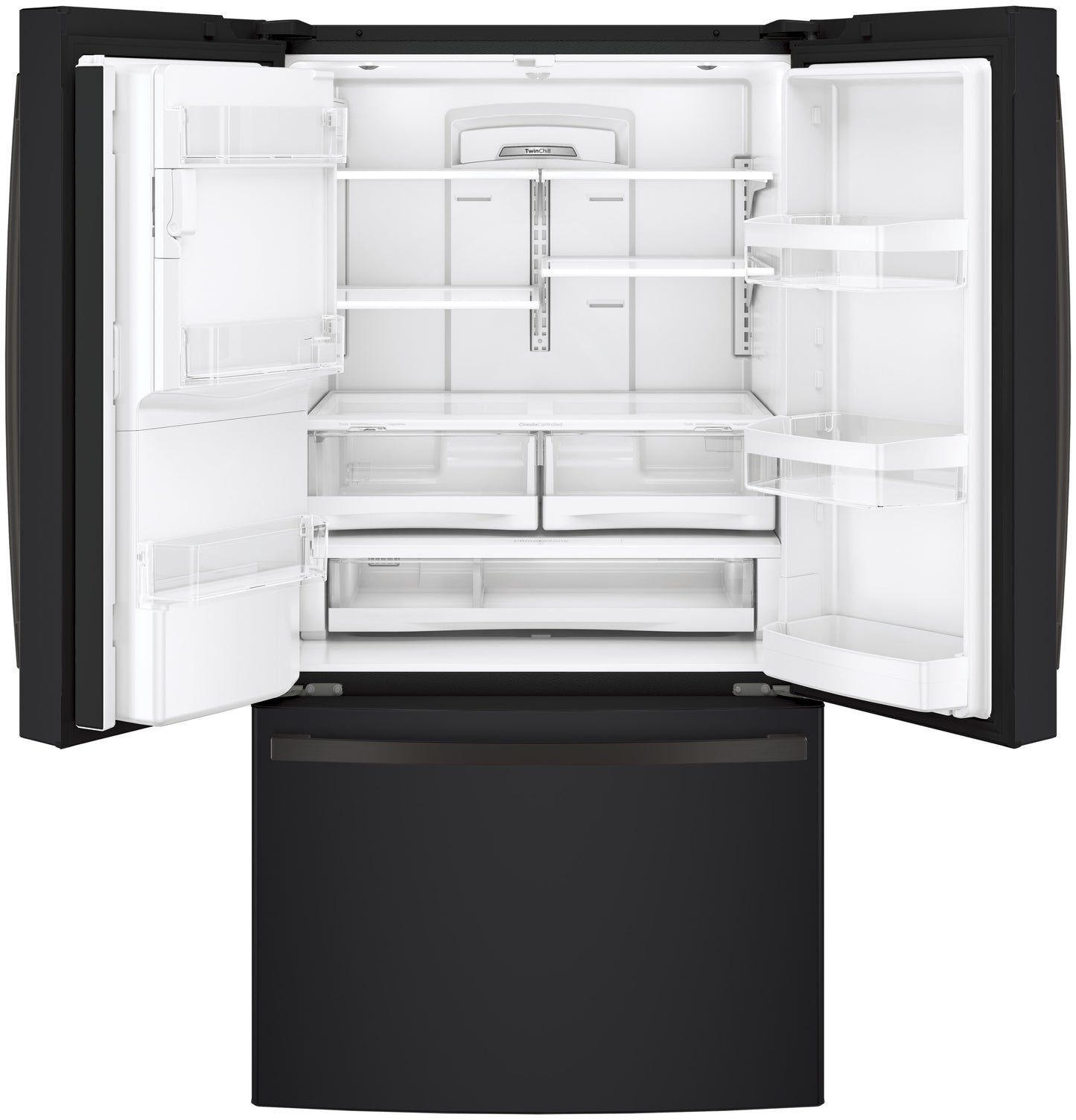 Black French-door refrigerator with open doors showing empty adjustable shelves and bottom freezer from kitchen appliances collection