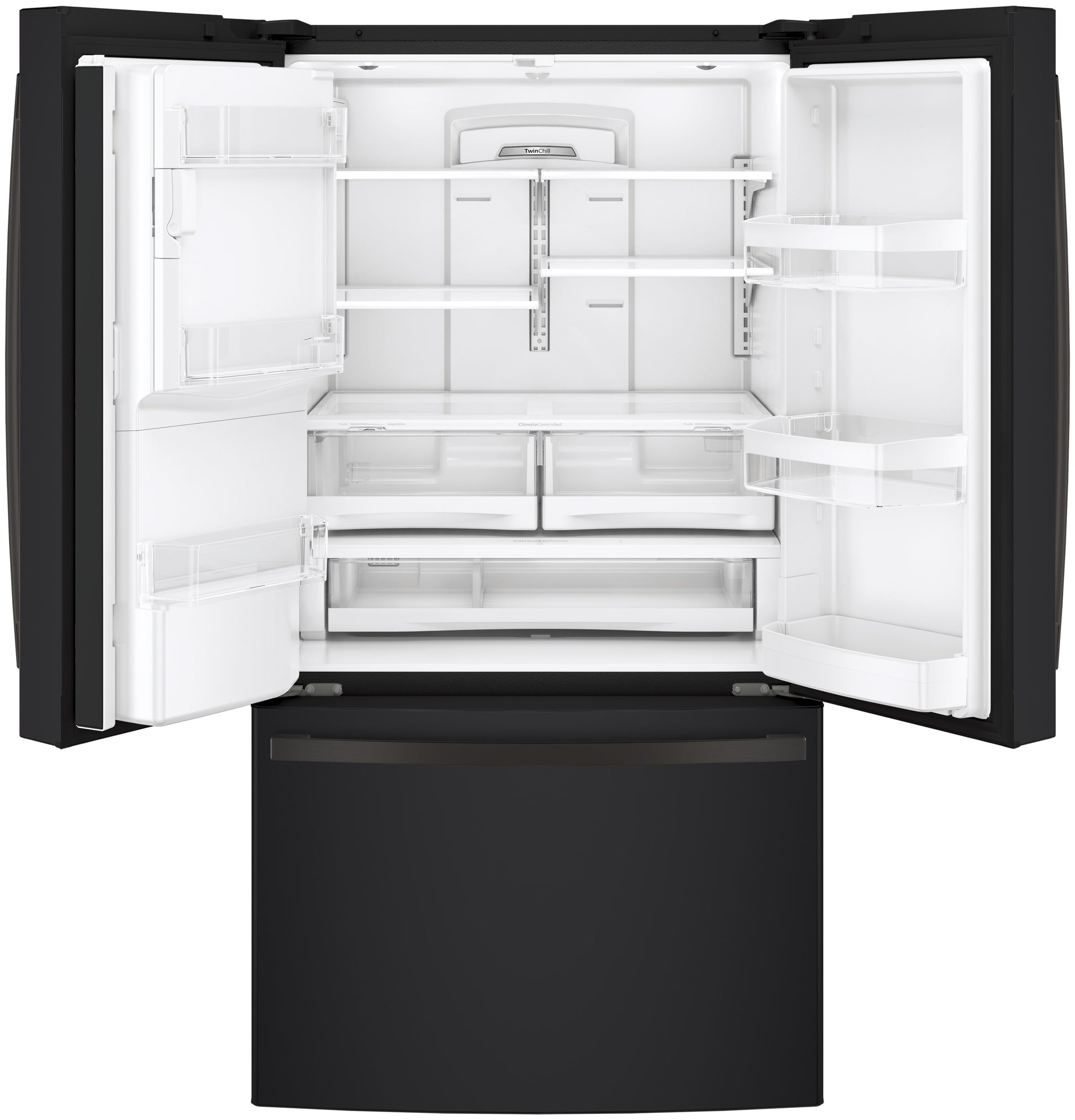 Black French-door refrigerator with open doors showing empty adjustable shelves and bottom freezer from kitchen appliances collection