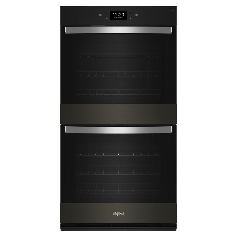 Black double wall oven with digital touchscreen, stainless steel handles, and multiple cooking modes from Double Wall Ovens collection