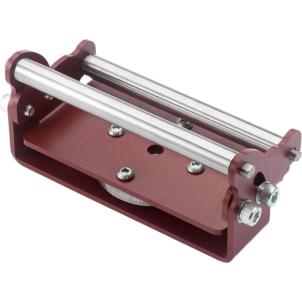 Compact red metal steady rest with polished steel support rods for woodturning tools and home improvement projects