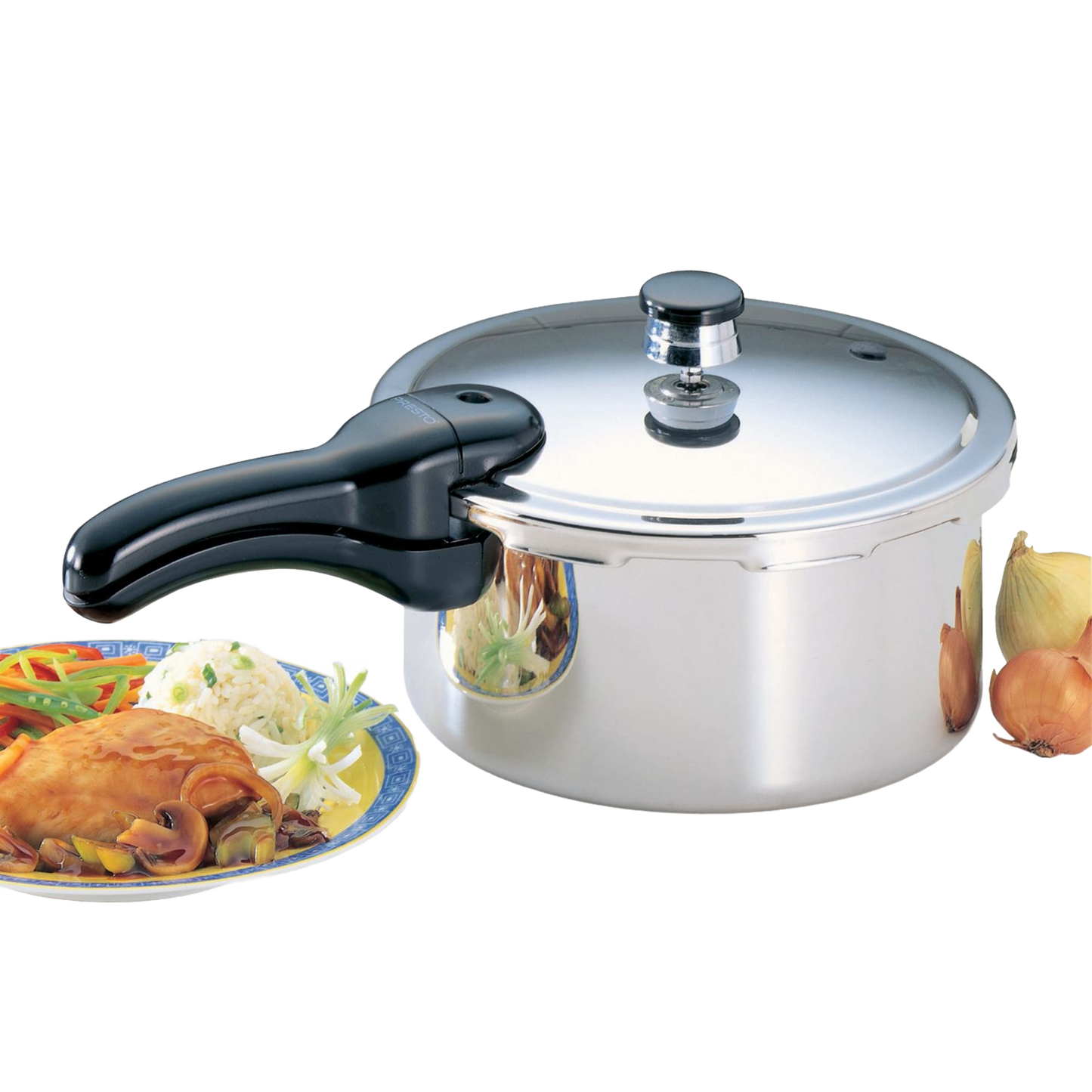 Polished aluminum pressure cooker with black handle and lid knob displayed with cooked meal and onions nearby in kitchenware collection
