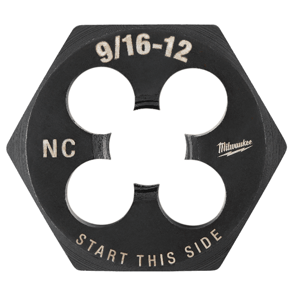 Black steel round threading die with hexagonal outer shape and engraving for threading and home improvement tasks