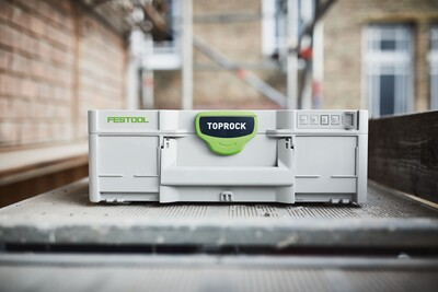 Gray and green Festool TOPROCK Bluetooth speaker case designed for tools and home improvement use