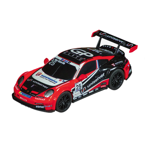 Red and black 1:43 scale Porsche 911 GT3 Cup slot car with racing decals and rear spoiler for collectors and hobbyists