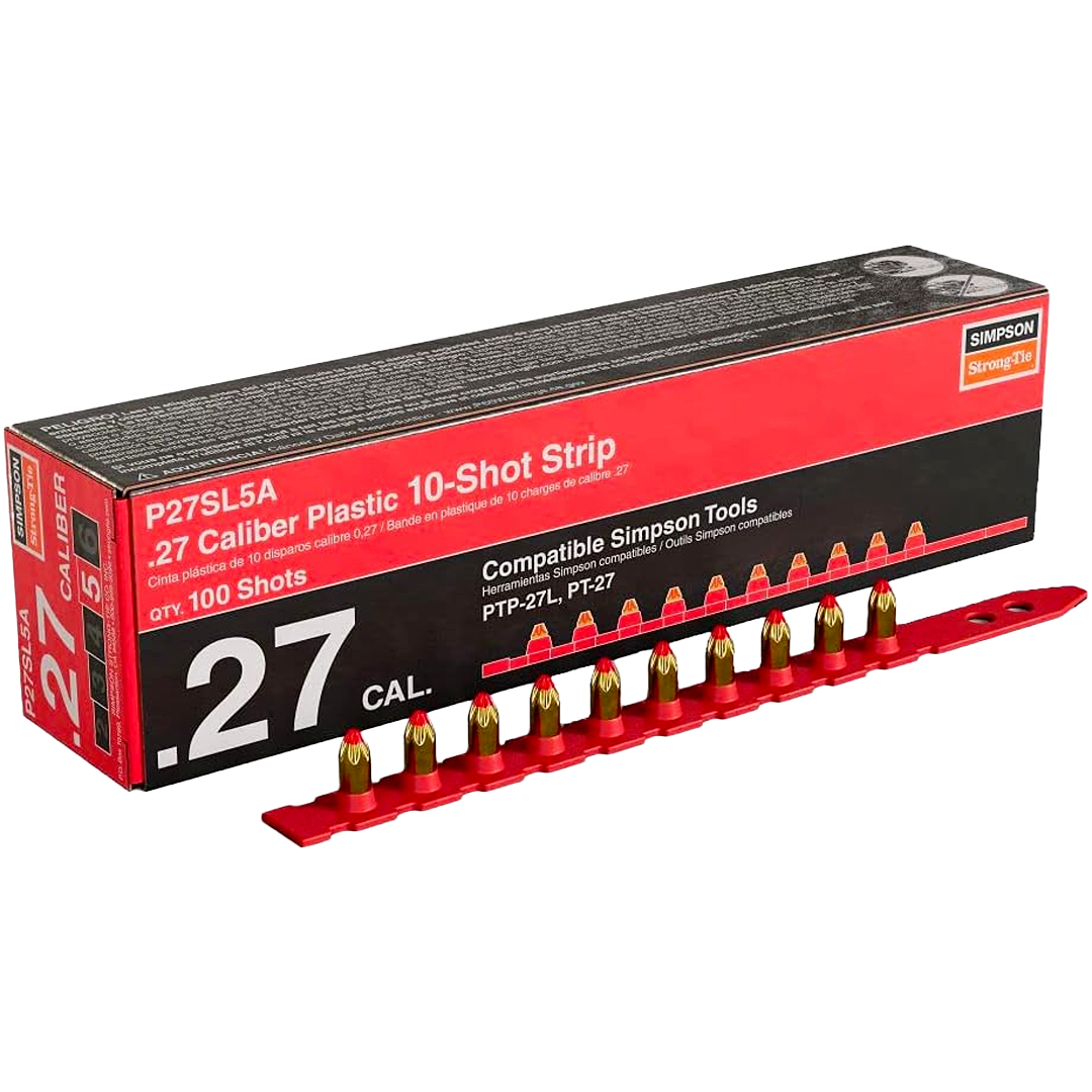 Red plastic shot strip with brass .27 caliber single-shot cartridges in packaging for tools under $50.
