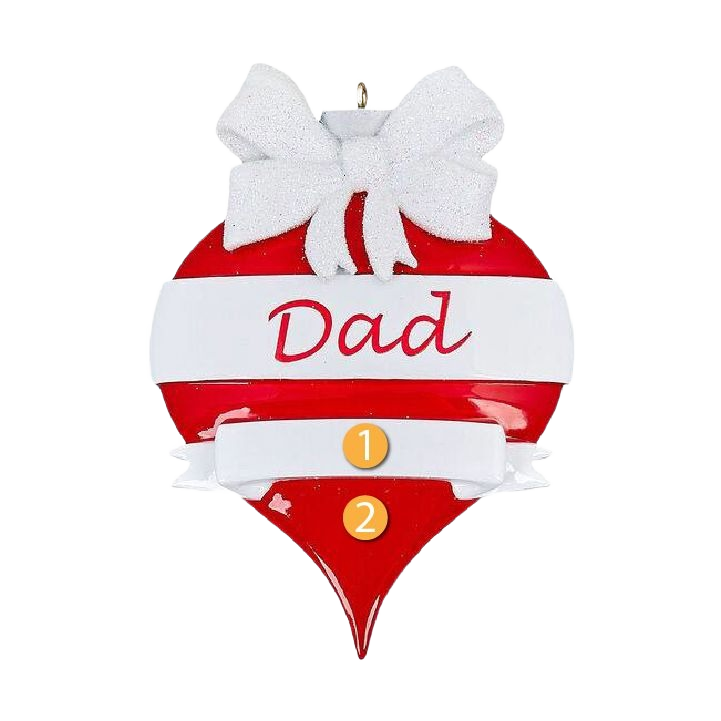 Red and white teardrop-shaped Christmas ornament with "Dad" lettering and white bow in holiday decorations under $50 collection