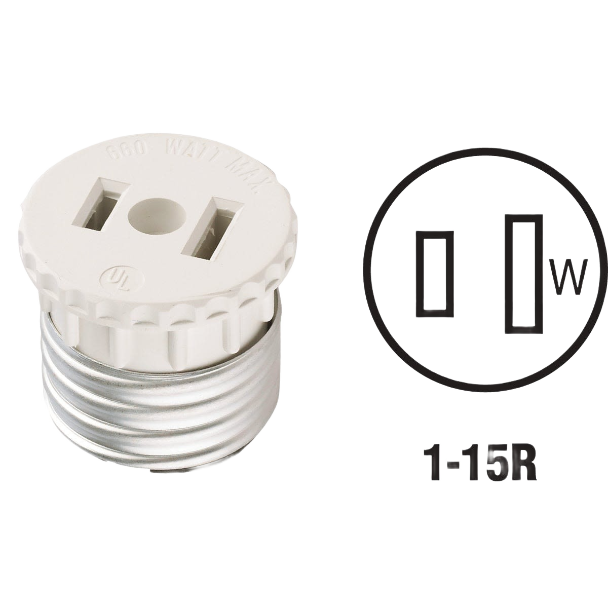 White electrical adapter converting medium base lamp socket into two-prong outlet for home improvement and wire collections
