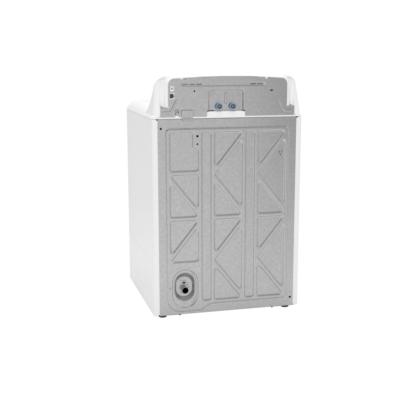 Rear view of white top load washer showing metal back panel with water inlet and drain connections in washers collection