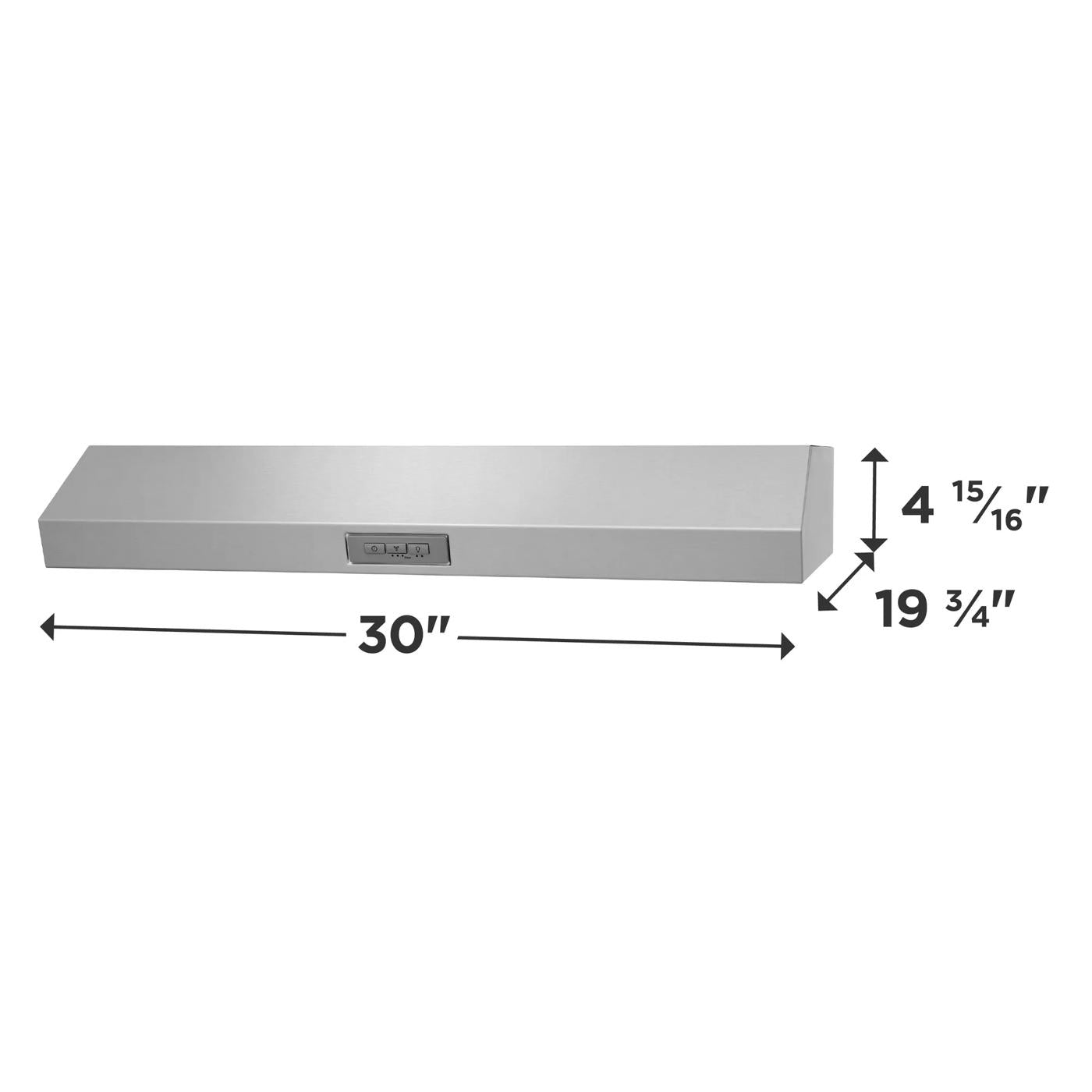 Stainless steel undercabinet ventilation hood with control panel and dimensions for kitchen appliances and range hoods collection