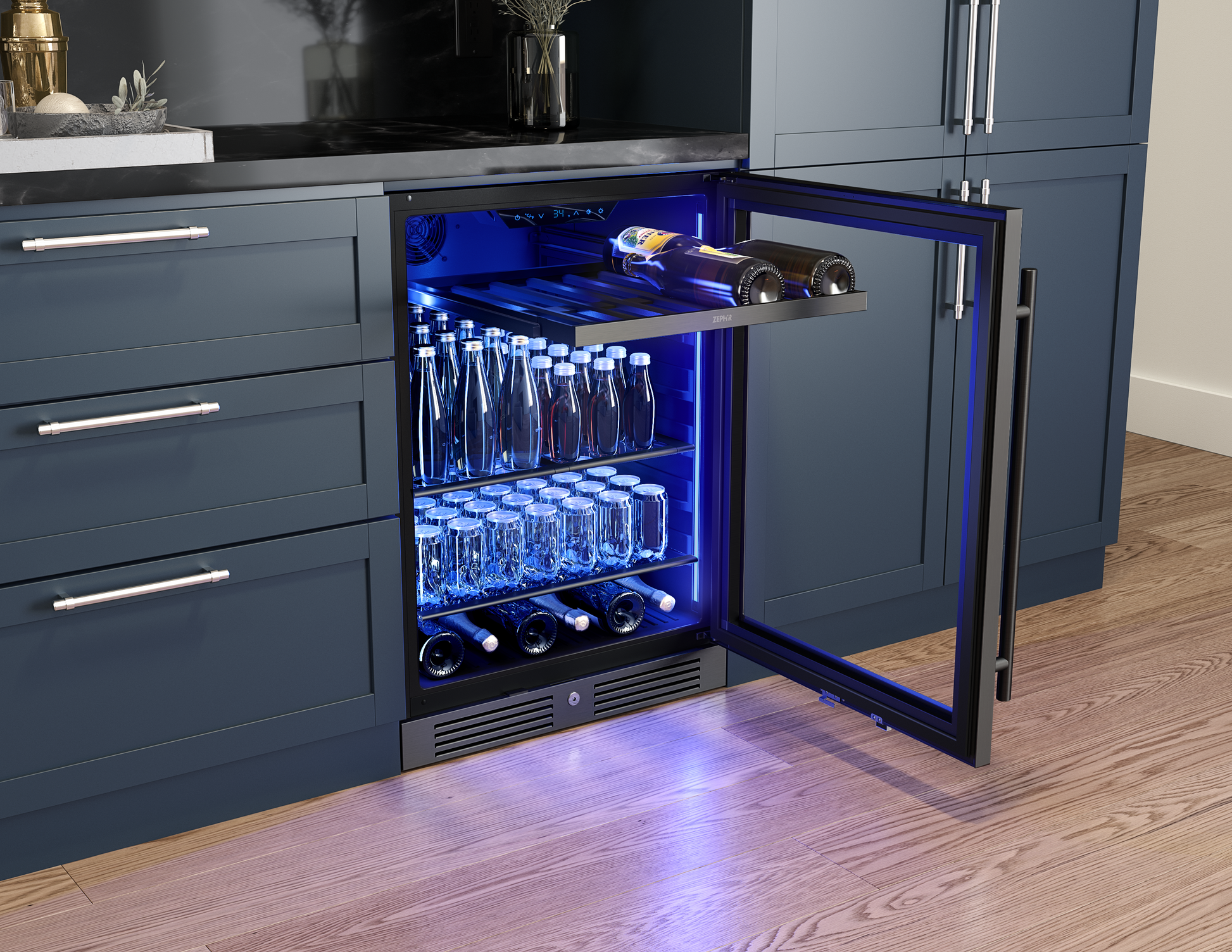 Undercounter black stainless steel beverage cooler with glass door, blue LED lighting, and wood rack in kitchen setting