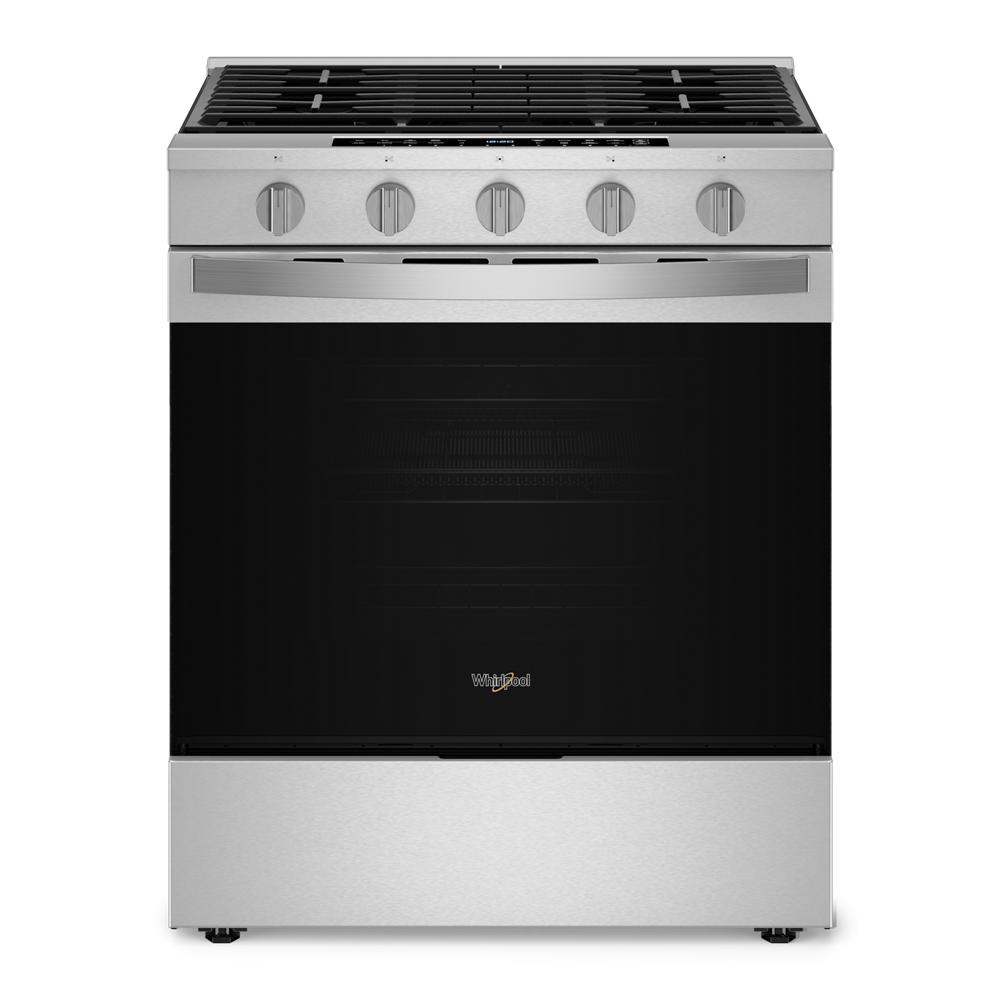 Stainless steel slide-in gas range with five burners and front control knobs from kitchen appliances collection