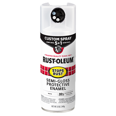 White semi-gloss protective enamel spray can with 5-in-1 spray feature for home improvement and Rust Oleum supplies under $50