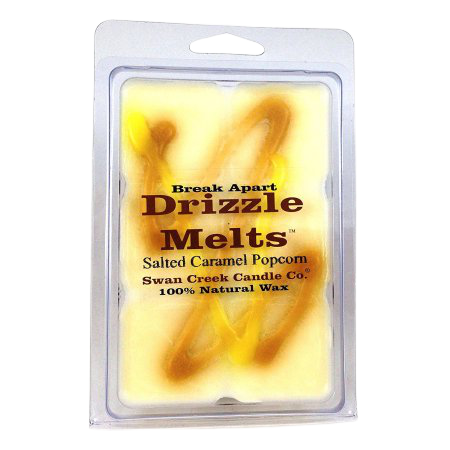 Pack of break-apart wax melts with salted caramel popcorn scent by Swan Creek Candle Co. in clear clamshell packaging