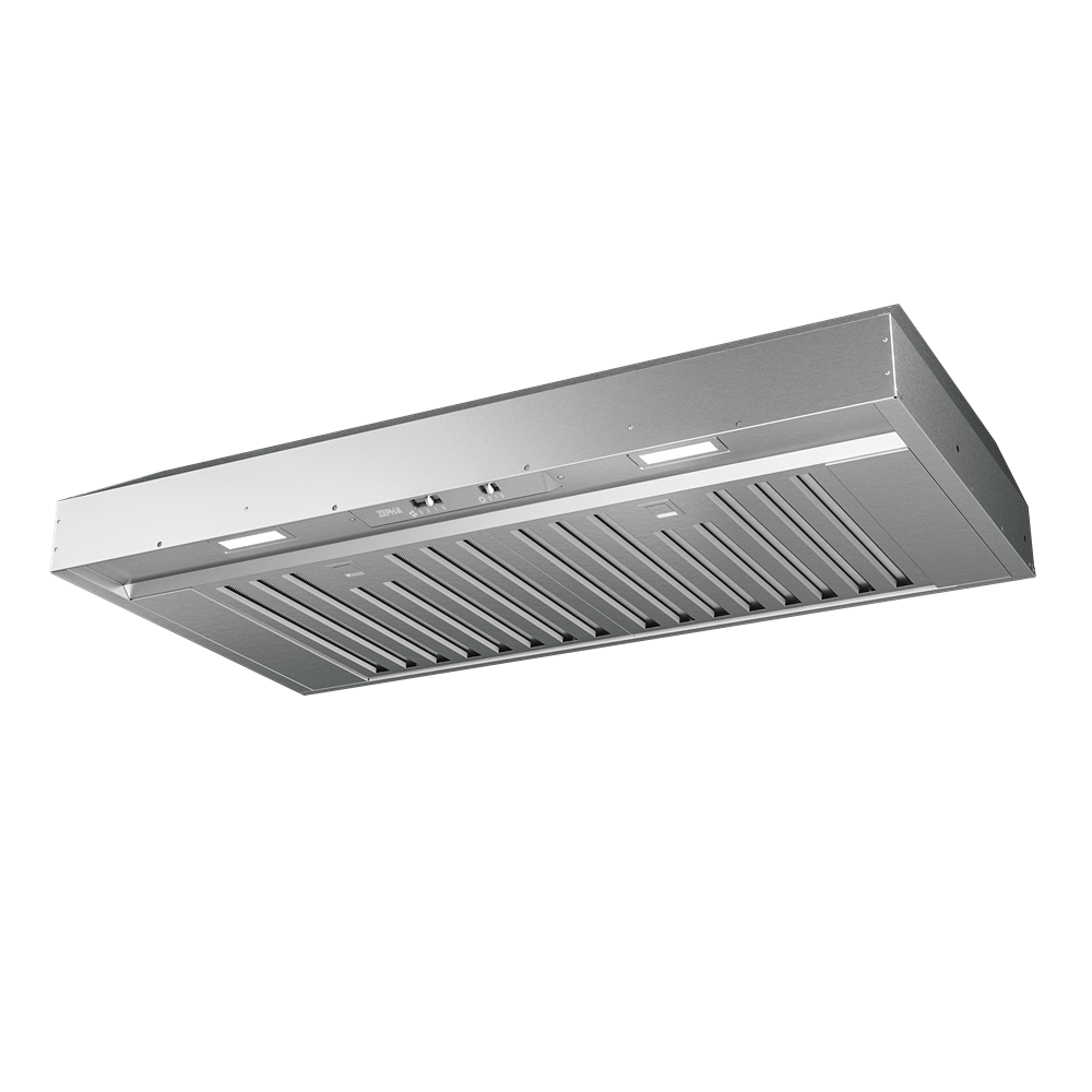 Brushed stainless steel under-cabinet range hood with LED lighting and hybrid baffle filters in kitchen appliances collection