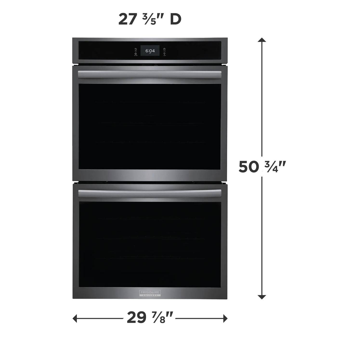 Double electric wall oven in stainless steel with digital display and wide curved handles in kitchen appliance setting