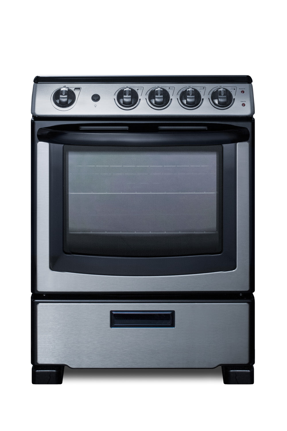 24-inch wide stainless steel electric range with five control knobs and large oven window from kitchen appliances collection
