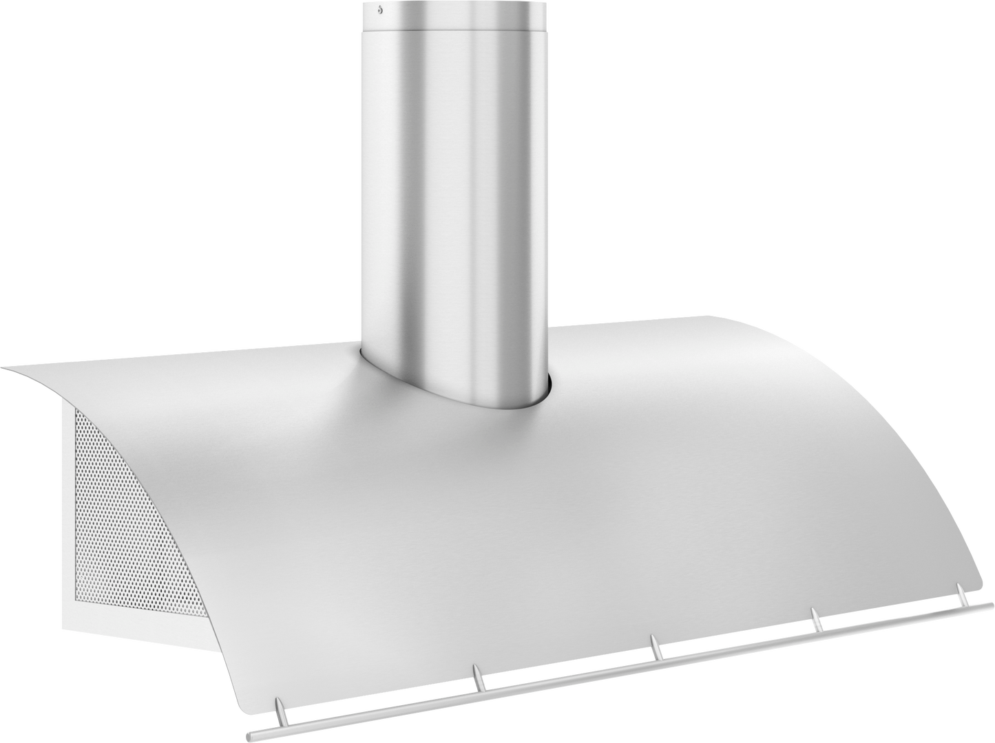 Curved stainless steel chimney hood with LED lighting and perforated side panels in kitchen and range hood collections