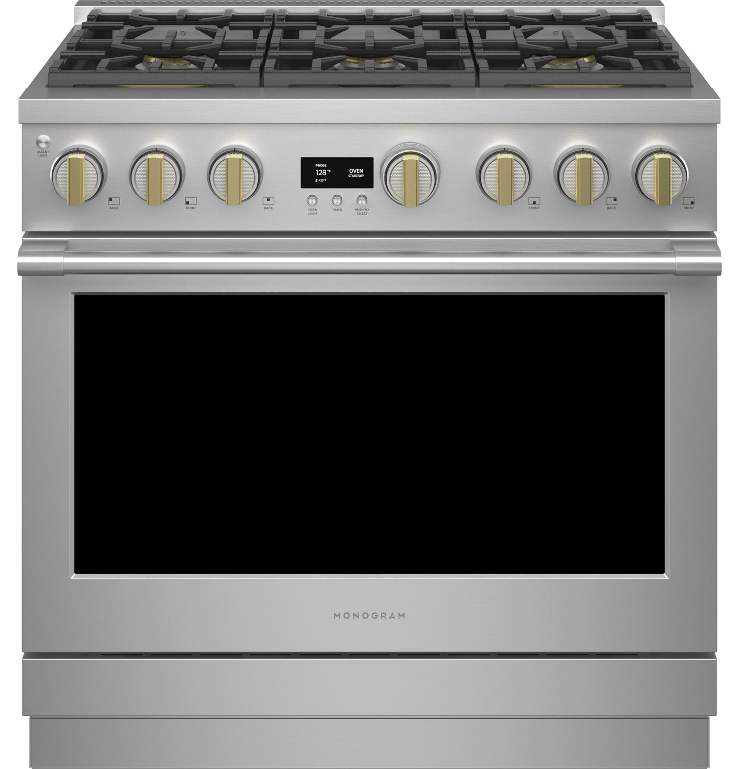 Stainless steel professional gas range with six brass burner knobs and digital display from kitchen appliances collection