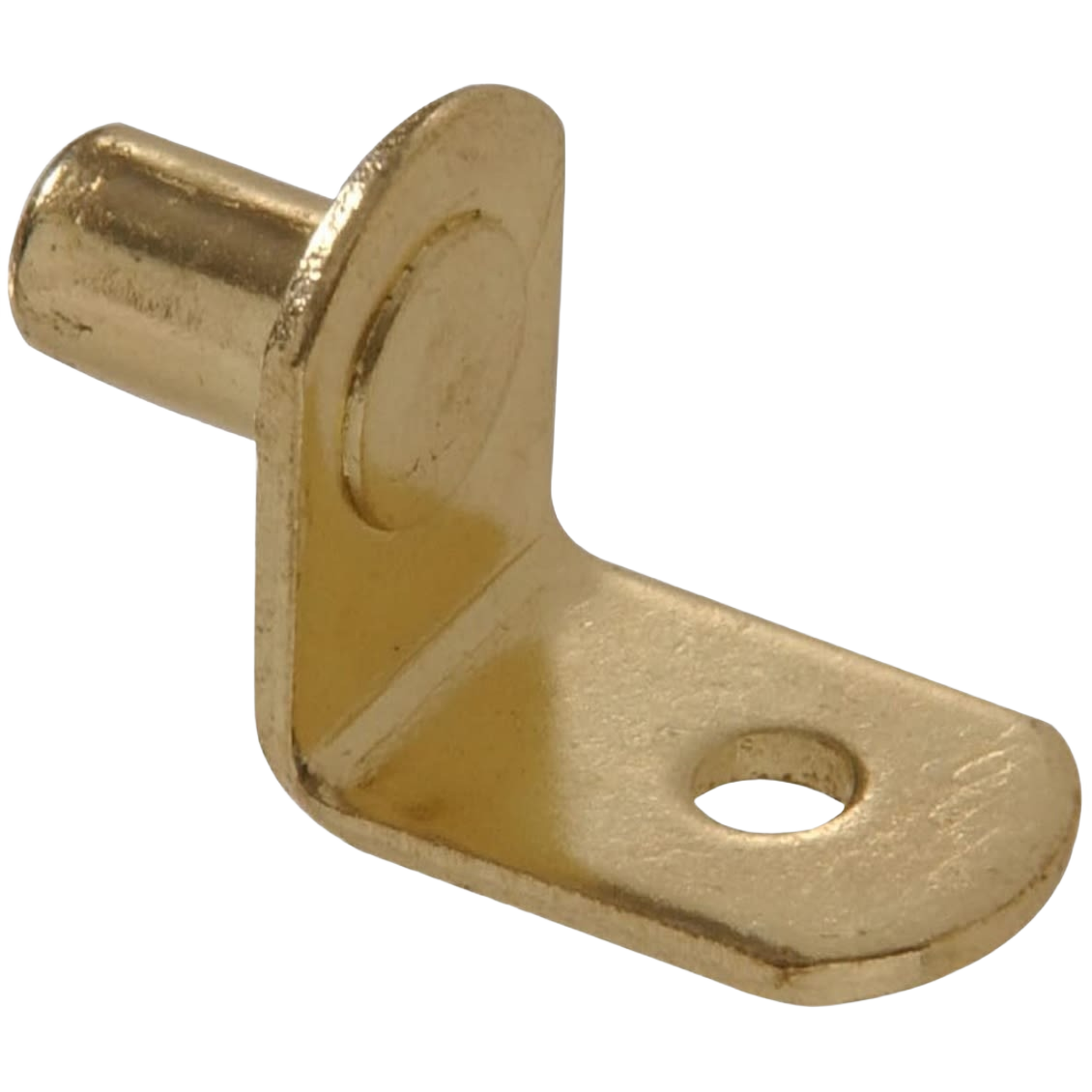 Brass-finished metal shelf support bracket with mounting hole for secure installation in home improvement projects